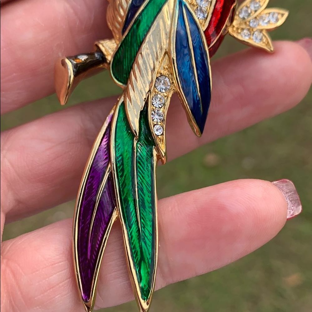 Modern Large Parrot Enamel & Rhinestone Brooch - Picture 7 of 16